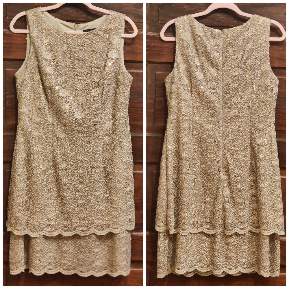 ALEX EVENINGS Nude Gold Lace Mini Dress Sparkle 12 Petite Party Dress Wedding - Picture 5 of 14